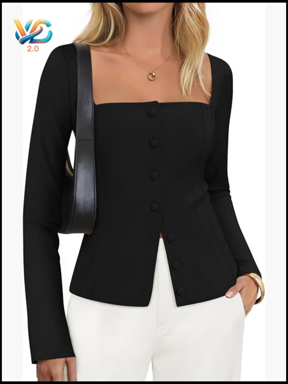 Slim Fit Square Neck Blazer Long Sleeve Button Up Work Business Casual